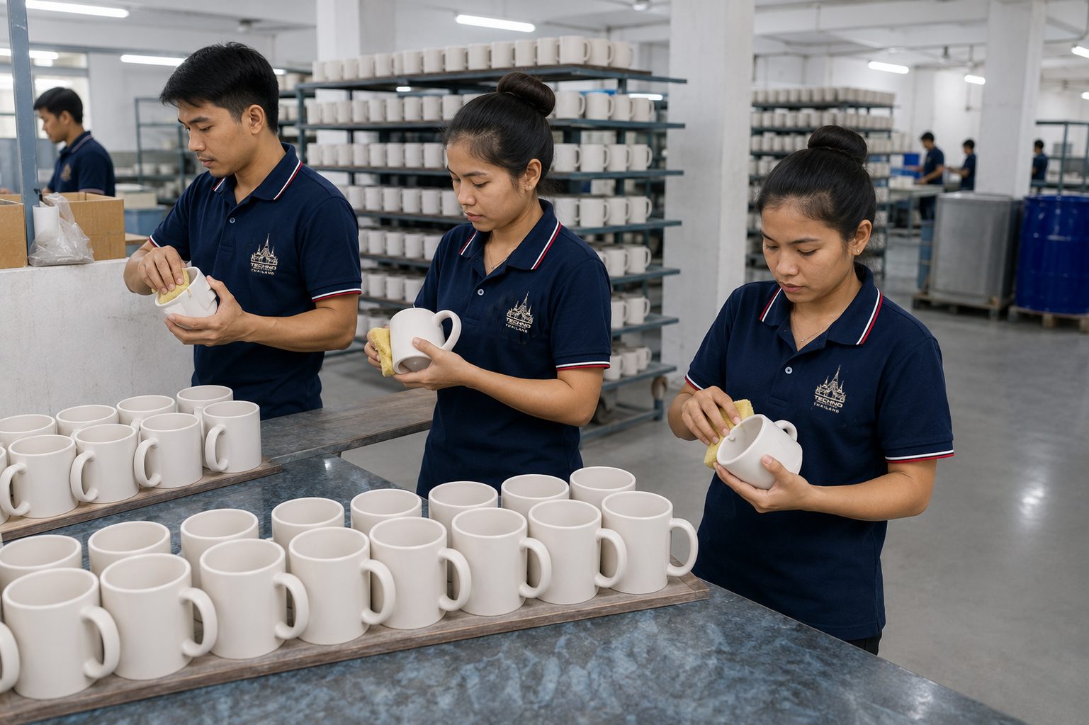 Workers finishing and inspecting ceramic mugs before packing