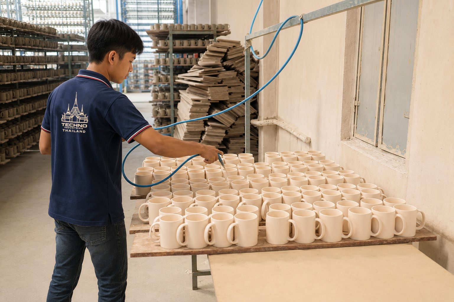 Glazing section spraying colour coating onto mugs