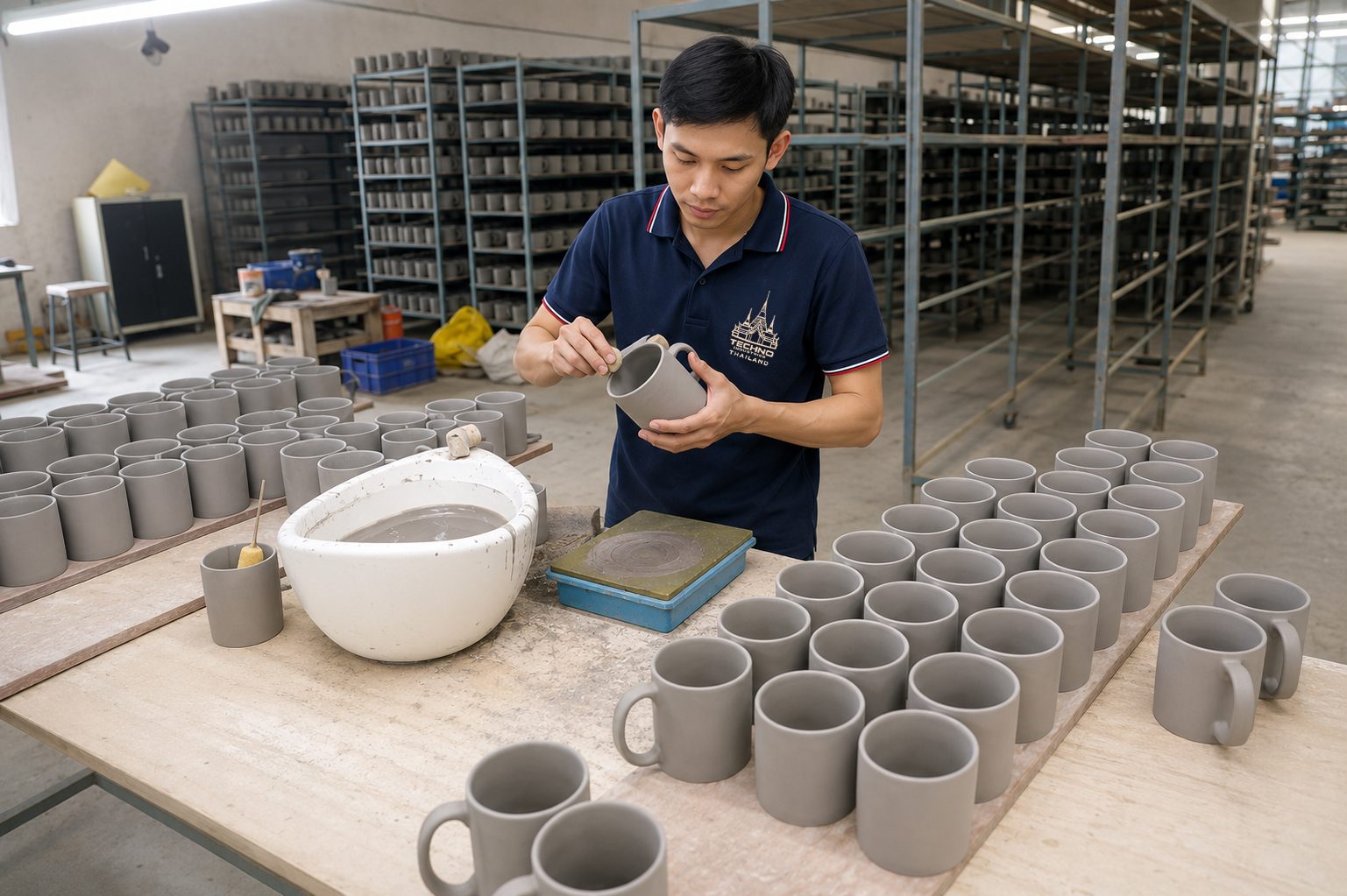 Worker shaping a ceramic mug from raw clay at the Techno Industries manufacturing unit