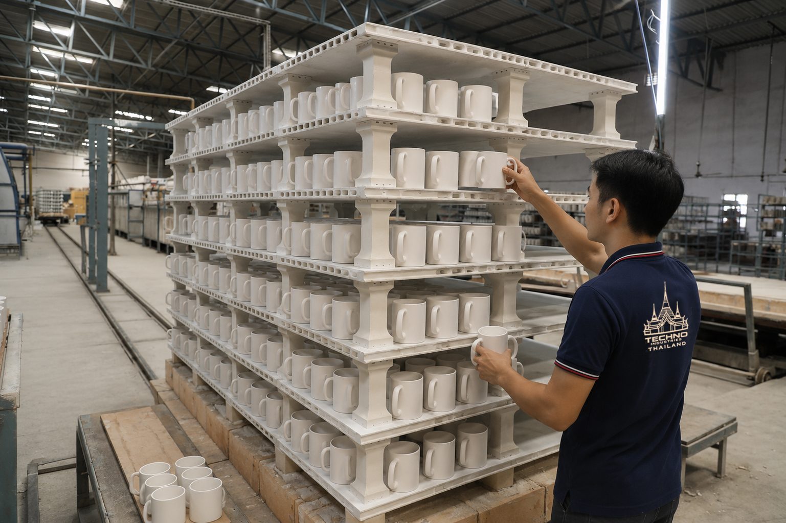 Rows of ceramic mugs on shelving across the Techno Industries production floor